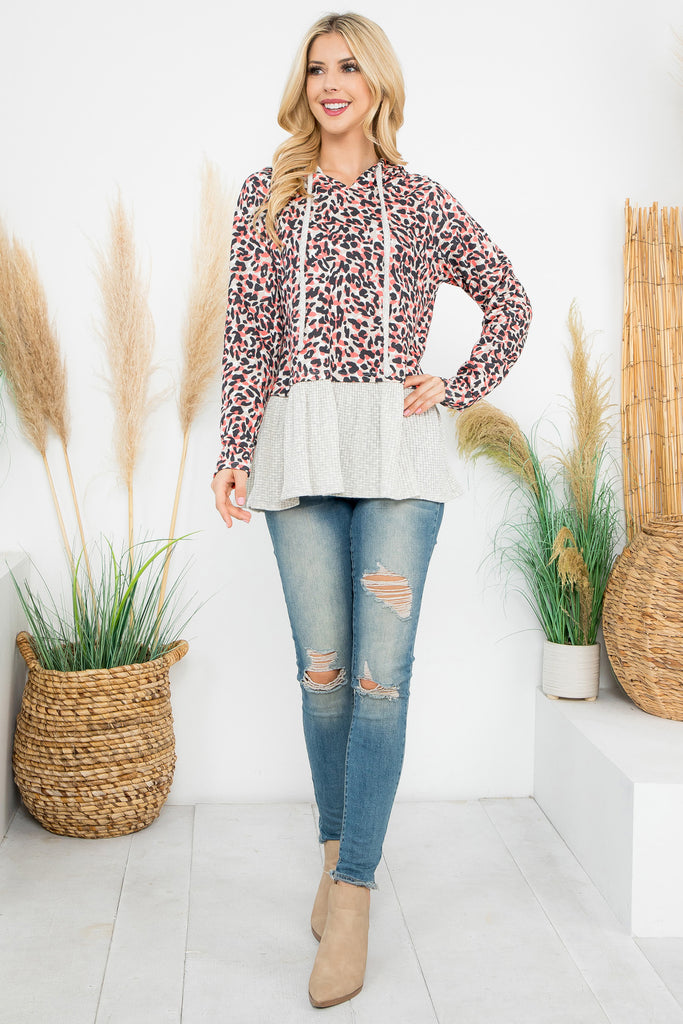 Solid Hem Leopard Hoodie Top