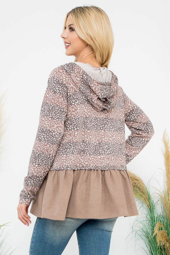 Solid Hem Striped Leopard Hoodie Top
