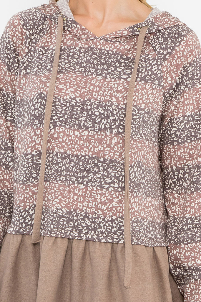 Solid Hem Striped Leopard Hoodie Top