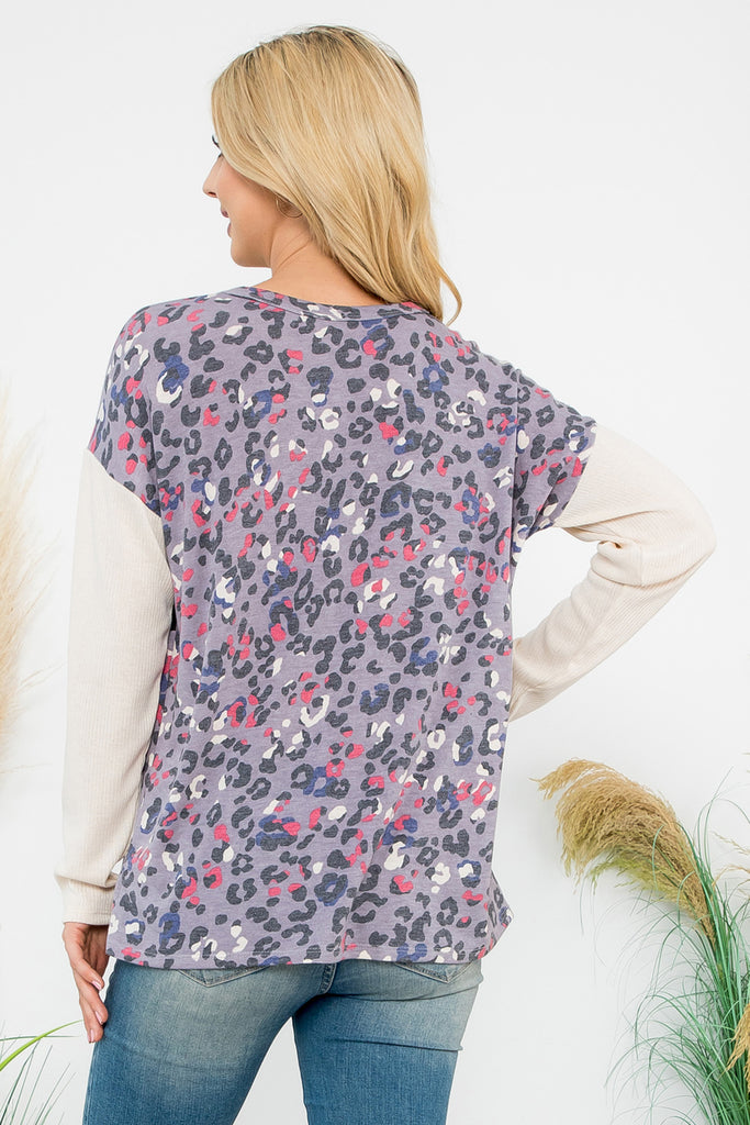Color Block Contrast Leopard Long Sleeve Top