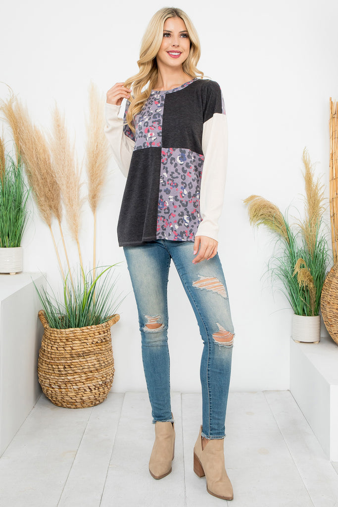 Color Block Contrast Leopard Long Sleeve Top