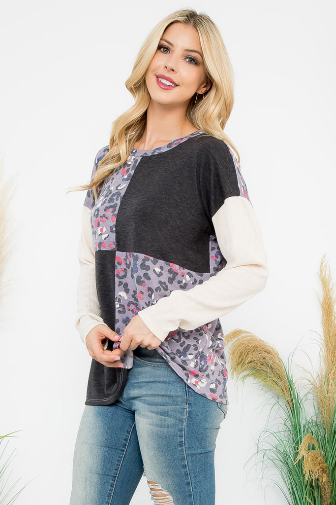 Color Block Contrast Leopard Long Sleeve Top