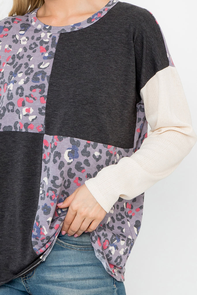 Color Block Contrast Leopard Long Sleeve Top