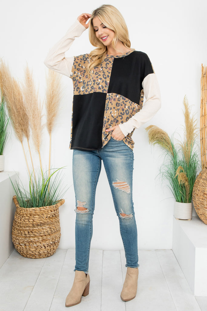 Color Block Contrast Leopard Long Sleeve Top
