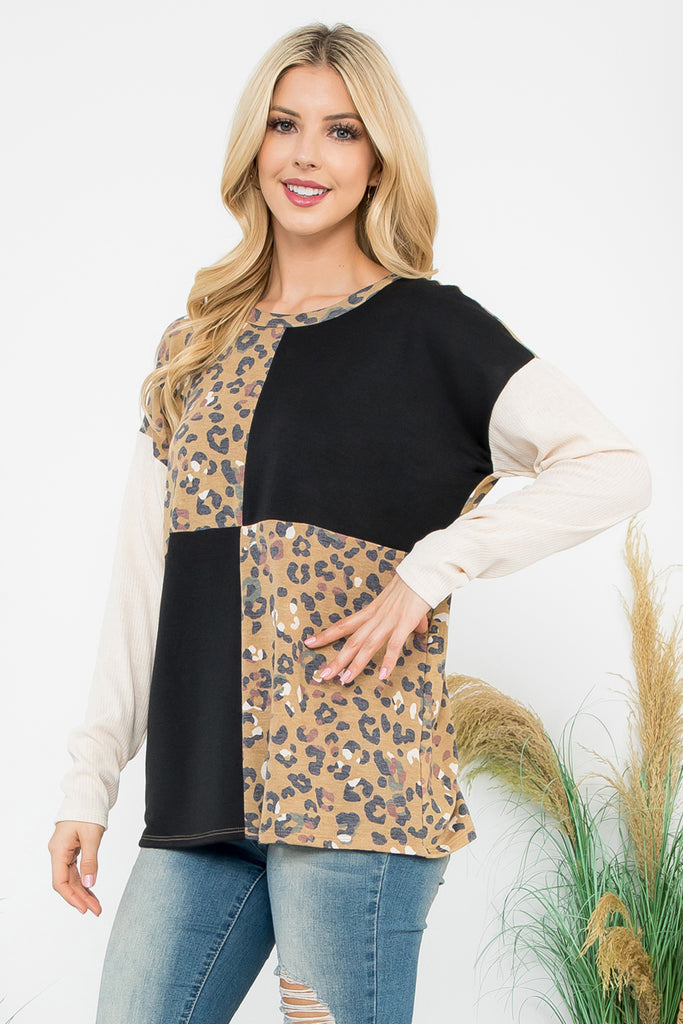 Color Block Contrast Leopard Long Sleeve Top