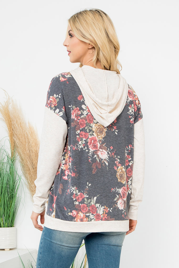 Floral Print Hoodie with Drawstring