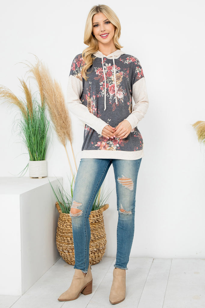 Floral Print Hoodie with Drawstring