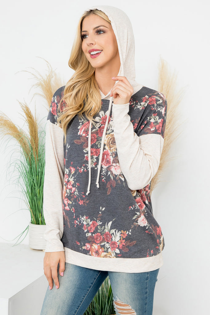 Floral Print Hoodie with Drawstring
