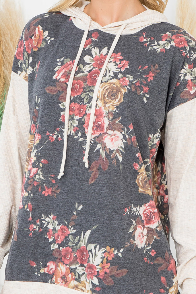Floral Print Hoodie with Drawstring