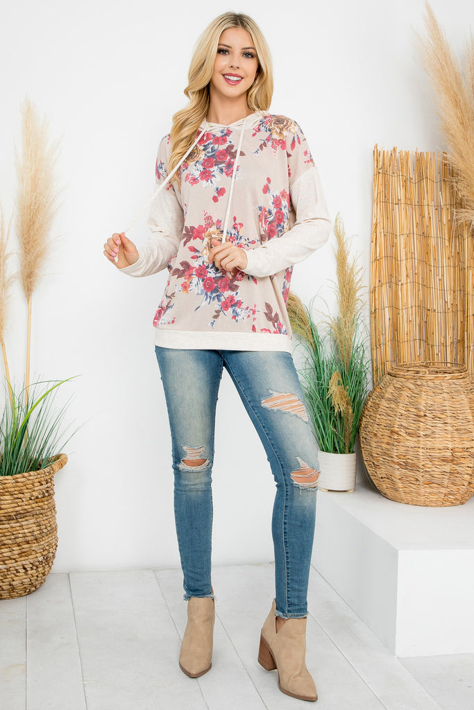 Floral Print Hoodie with Drawstring