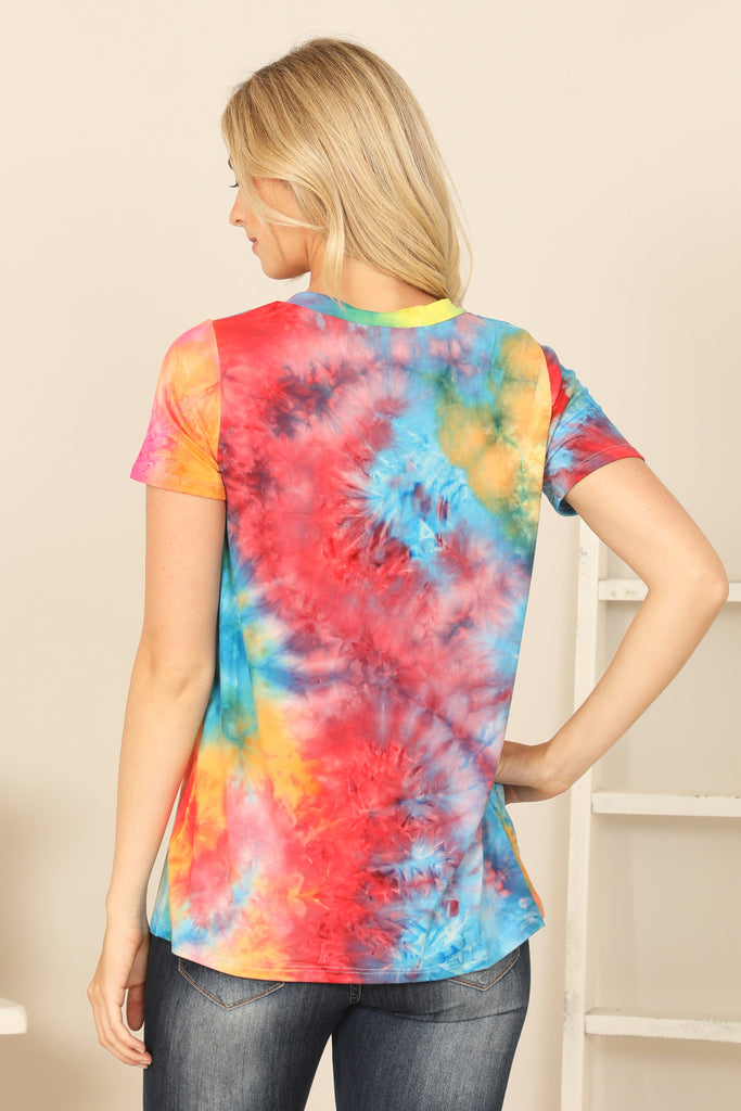 V-Neck Short Sleeve Tie Dye Top