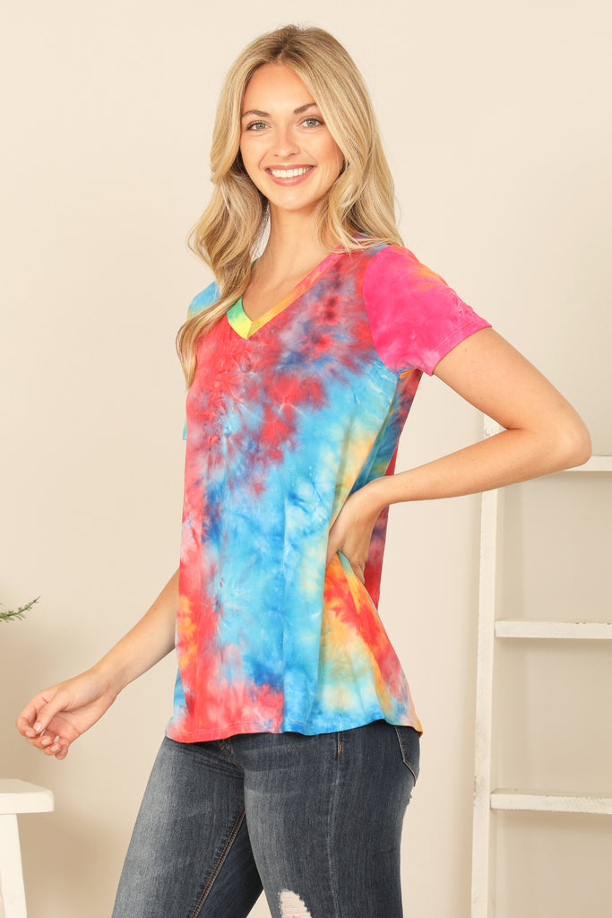 V-Neck Short Sleeve Tie Dye Top