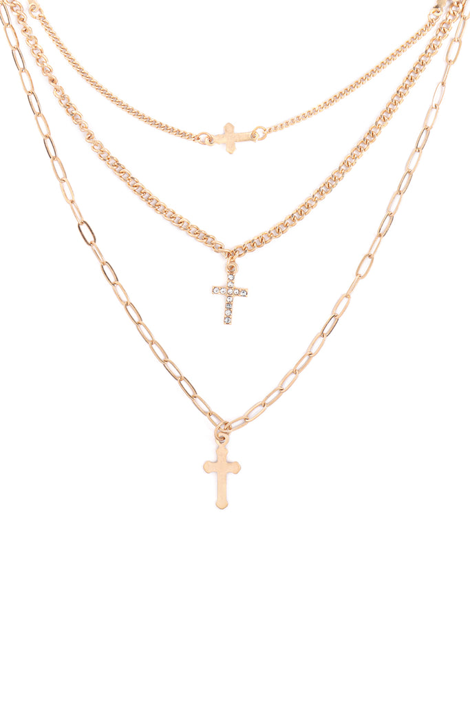 SET LAYERED CHAIN CROSS WITH SIDEWAYS AND CUBIC NECKLACES
