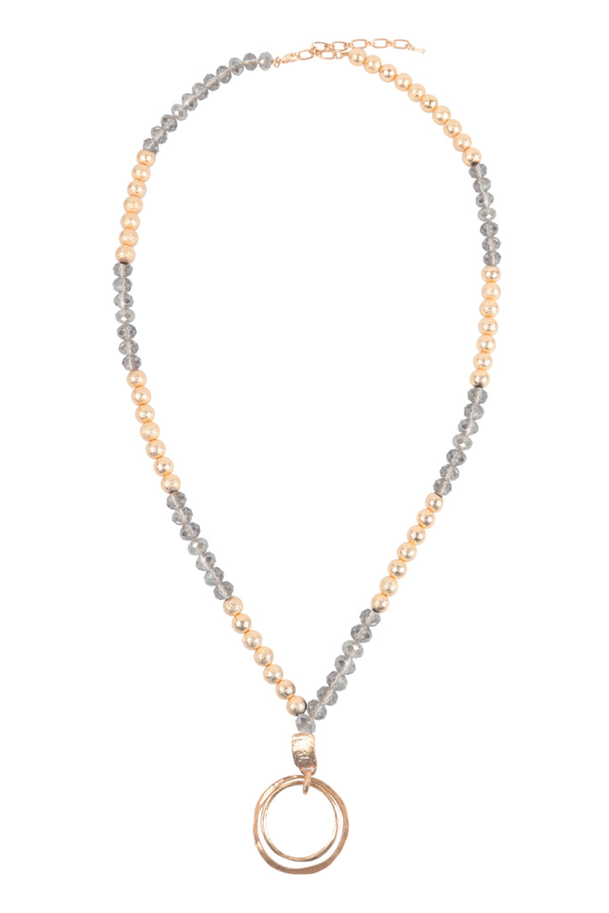 2 OPEN CIRCLE PENDANT TEXTURED CCB AND RONDELLE BEADS NECKLACE