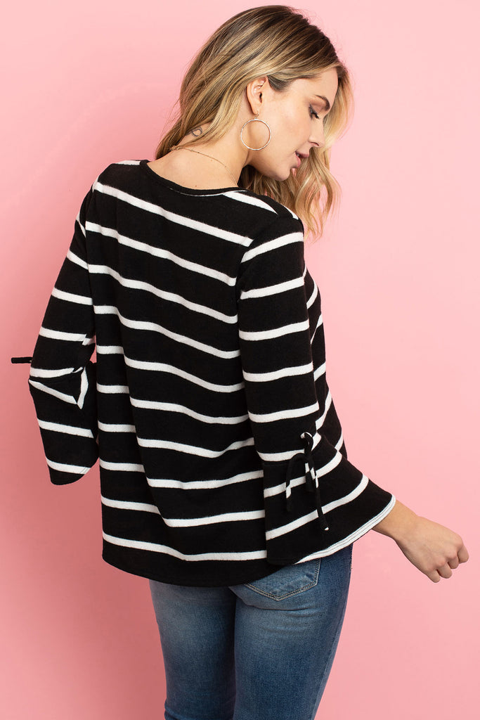 Bell Sleeve Ribbon Detail Stripe Round Hem Top