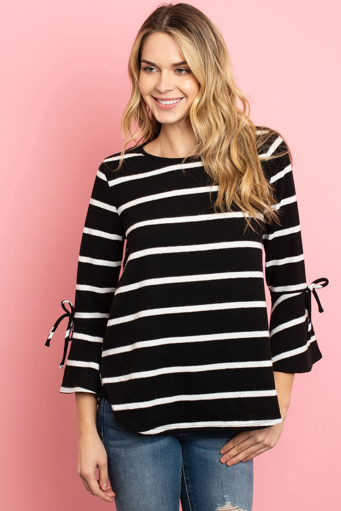 Bell Sleeve Ribbon Detail Stripe Round Hem Top