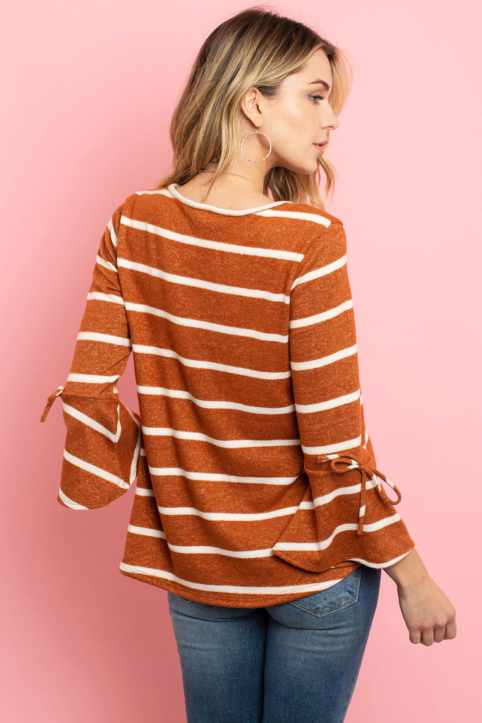 Bell Sleeve Ribbon Detail Stripe Round Hem Top