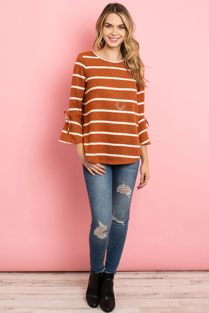 Bell Sleeve Ribbon Detail Stripe Round Hem Top