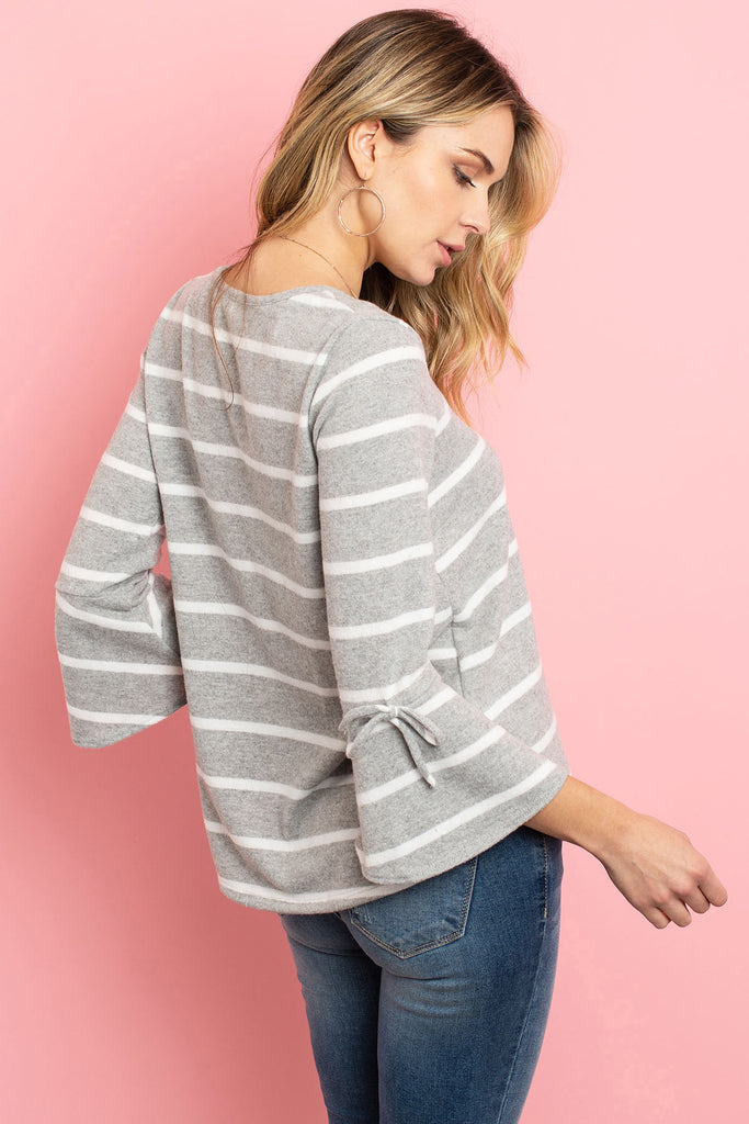Bell Sleeve Ribbon Detail Stripe Round Hem Top