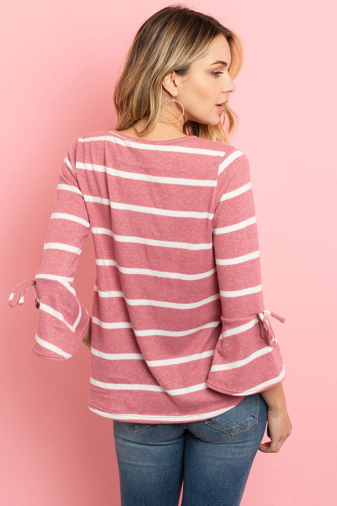 Bell Sleeve Ribbon Detail Stripe Round Hem Top