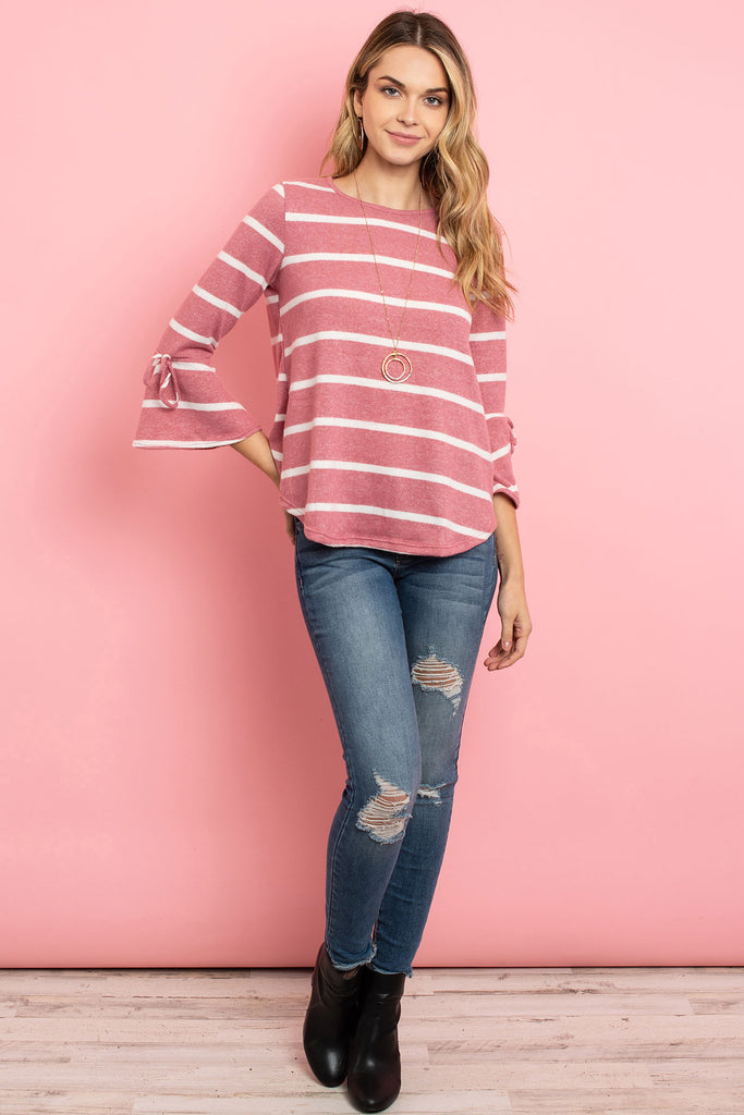 Bell Sleeve Ribbon Detail Stripe Round Hem Top