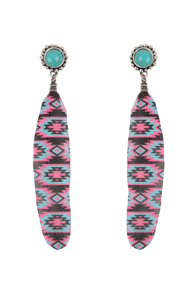 AZTEC PATTERN WESTERN CONCHO FEATHER DROP EARRINGS