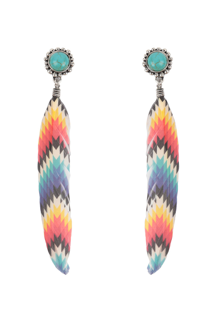 AZTEC PATTERN WESTERN CONCHO FEATHER DROP EARRINGS
