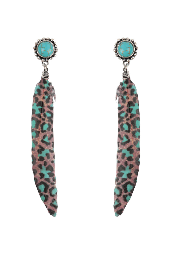 AZTEC PATTERN WESTERN CONCHO FEATHER DROP EARRINGS