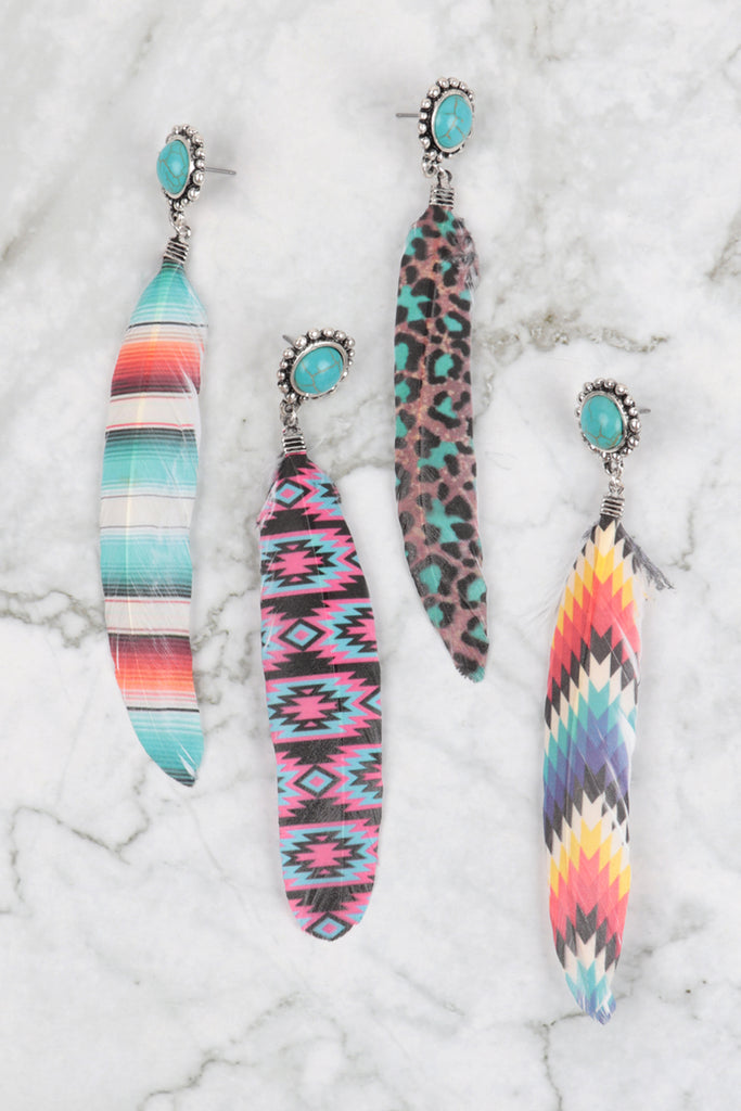 AZTEC PATTERN WESTERN CONCHO FEATHER DROP EARRINGS