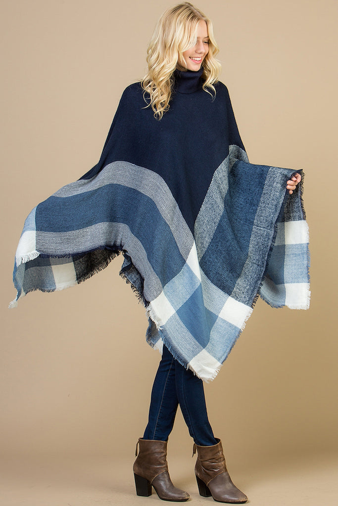 PLAID KNITTED TURTLEKNECK PONCHO