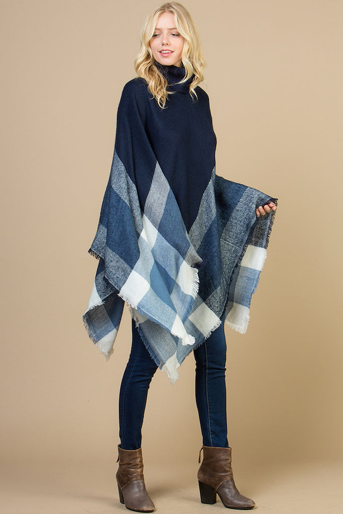 PLAID KNITTED TURTLEKNECK PONCHO