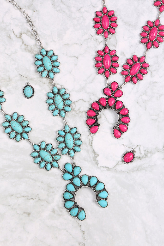 FLOWER NATURAL STONE WESTERN CONCHO STATEMENT NECKLACE AND EARRING SET