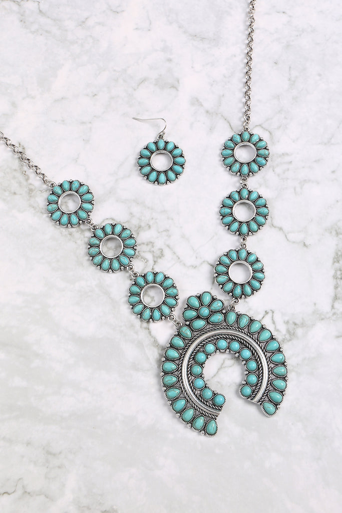 FLOWER ARC NATURAL STONE WESTERN CONCHO STATEMENT NECKLACE AND EARRING SET