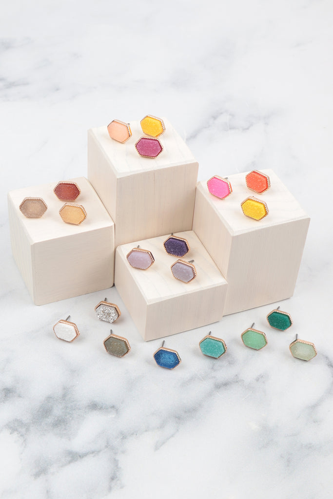 DRUZY HEXAGON POST EARRINGS