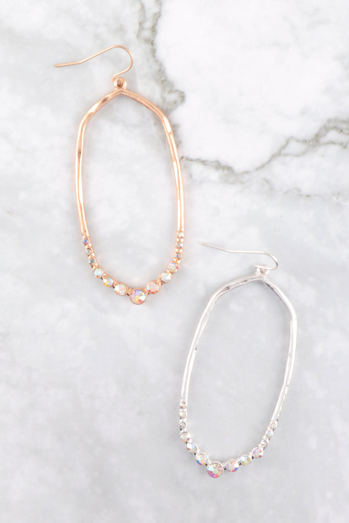 HEXAGON HAMMERED W/ PAVE RHINESTONE DROP FISH HOOK EARRINGS