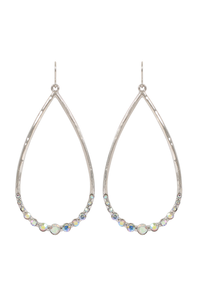 TEARDROP HAMMERED W/ PAVE RHINESTONE HOOK EARRINGS