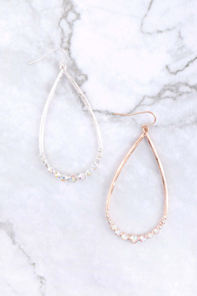 TEARDROP HAMMERED W/ PAVE RHINESTONE HOOK EARRINGS