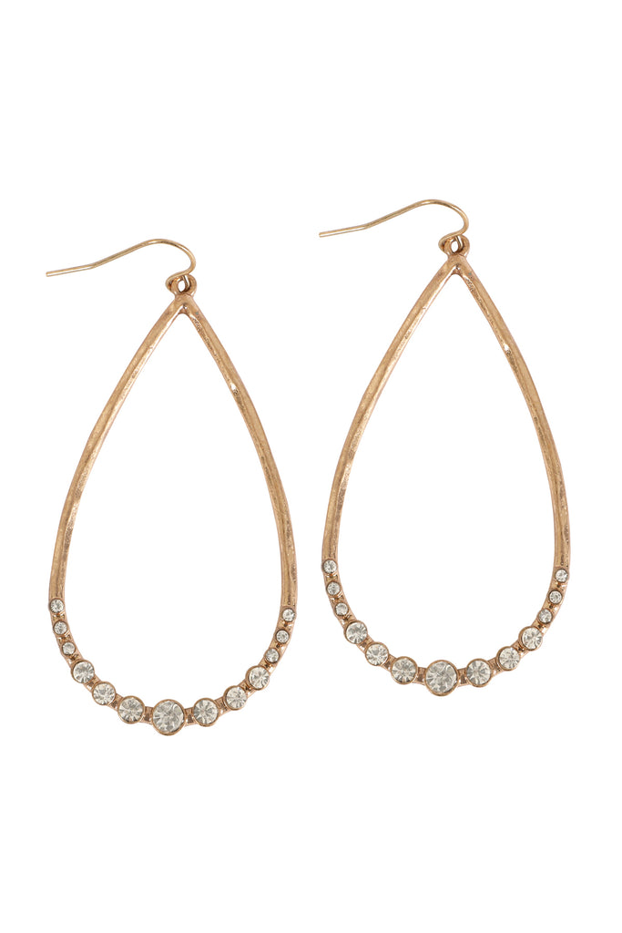 TEARDROP HAMMERED W/ PAVE RHINESTONE HOOK EARRINGS