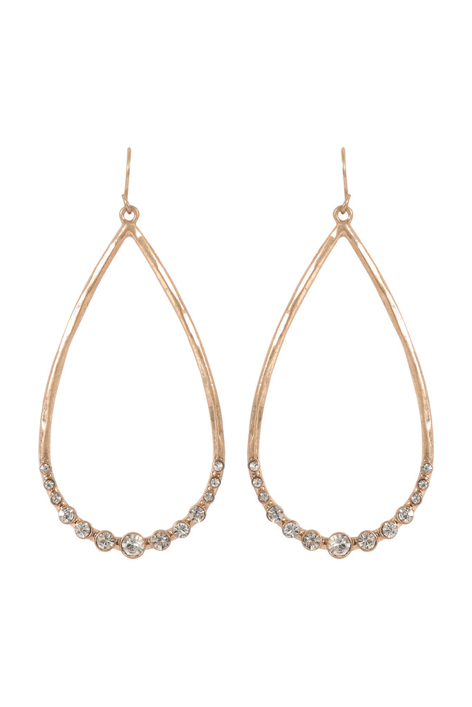 TEARDROP HAMMERED W/ PAVE RHINESTONE HOOK EARRINGS