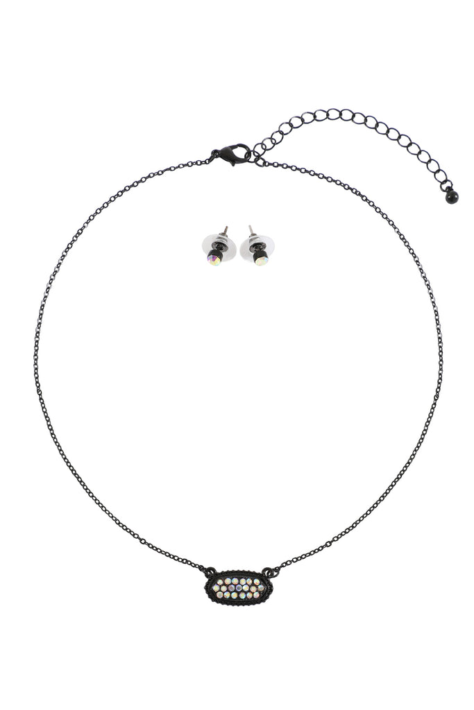 RHINESTONE DRUZY OVAL NECKLACE STUD EARRINGS SET