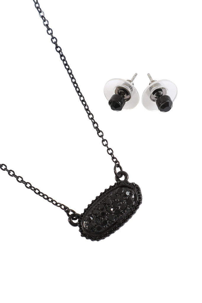 RHINESTONE DRUZY OVAL NECKLACE STUD EARRINGS SET
