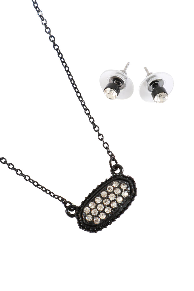 RHINESTONE DRUZY OVAL NECKLACE STUD EARRINGS SET