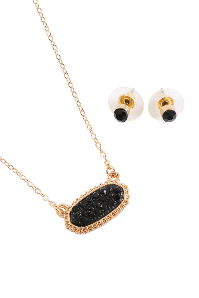 RHINESTONE DRUZY OVAL NECKLACE STUD EARRINGS SET