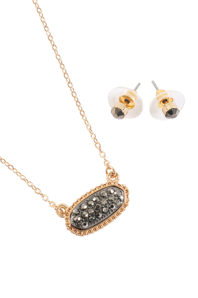 RHINESTONE DRUZY OVAL NECKLACE STUD EARRINGS SET