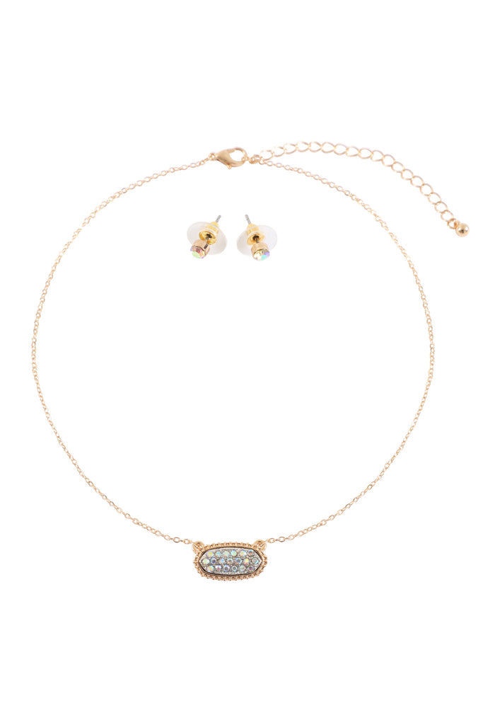 RHINESTONE DRUZY OVAL NECKLACE STUD EARRINGS SET