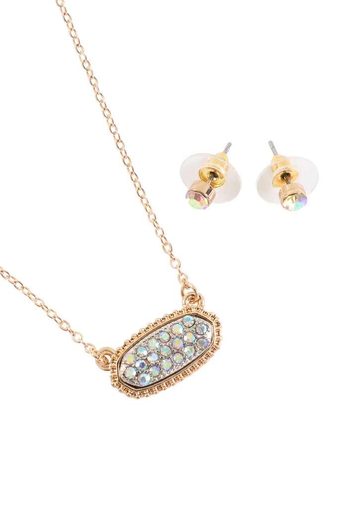 RHINESTONE DRUZY OVAL NECKLACE STUD EARRINGS SET