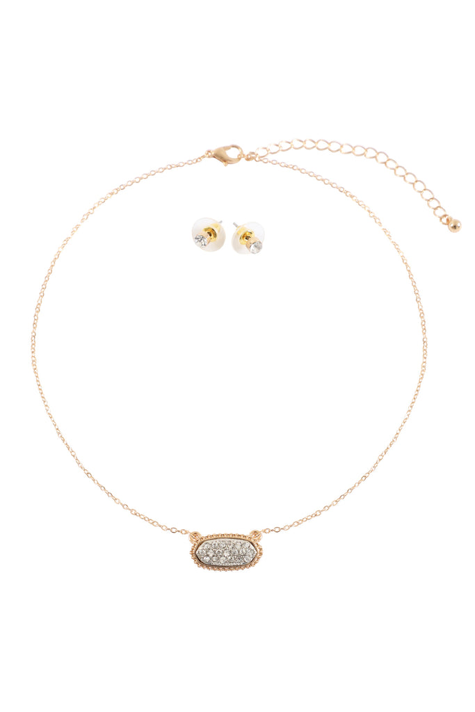 RHINESTONE DRUZY OVAL NECKLACE STUD EARRINGS SET