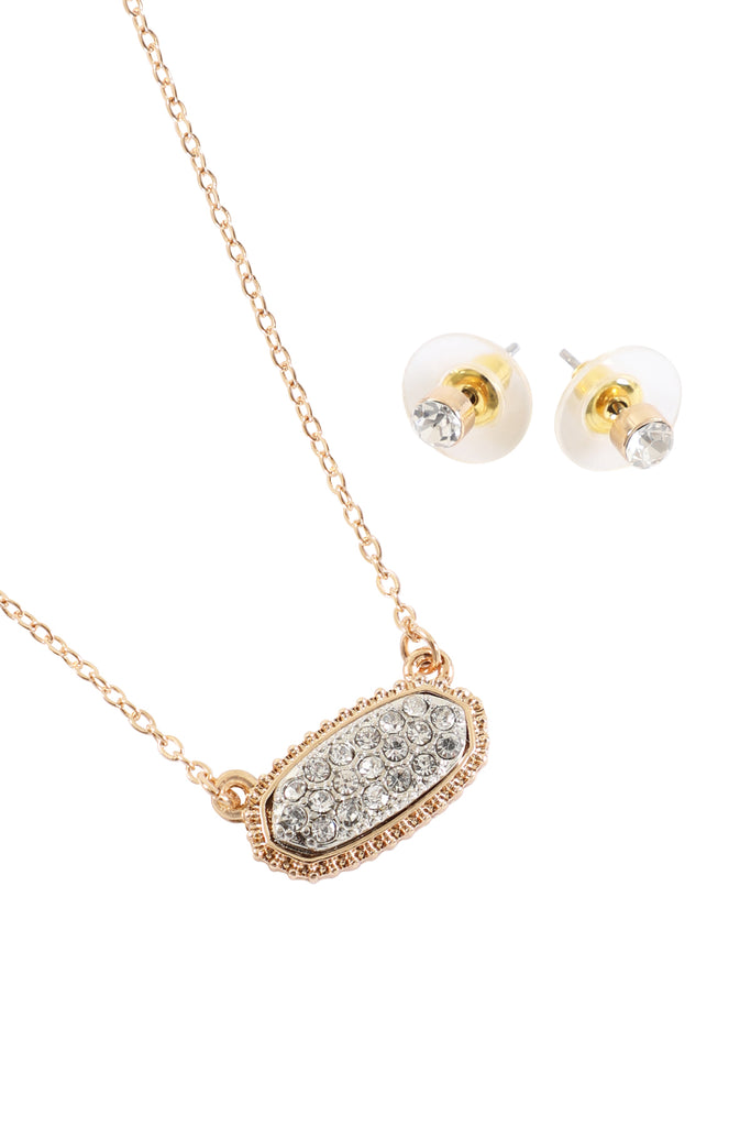 RHINESTONE DRUZY OVAL NECKLACE STUD EARRINGS SET