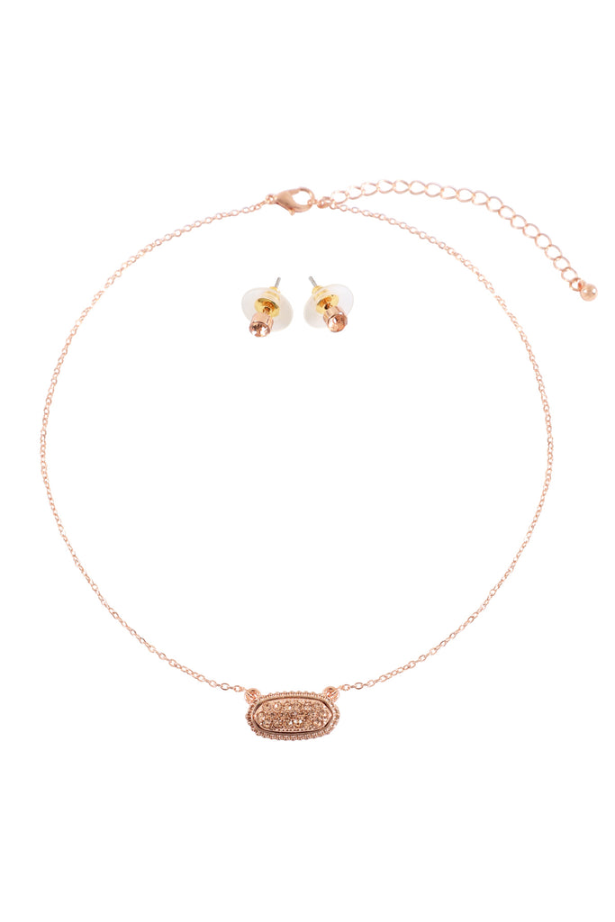 RHINESTONE DRUZY OVAL NECKLACE STUD EARRINGS SET
