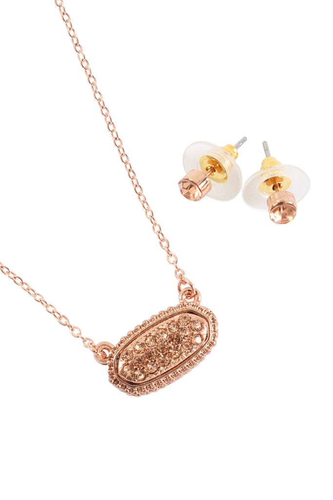 RHINESTONE DRUZY OVAL NECKLACE STUD EARRINGS SET